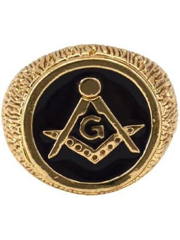 Hip-Hop Gold Tone Mason Masonic Black Enamel Men's Ring Size 10#2