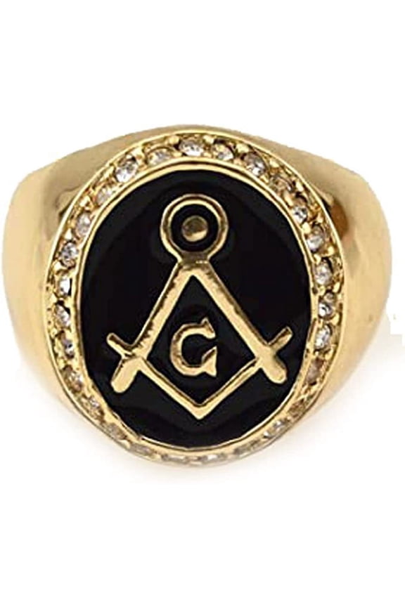 Hip-Hop Gold Tone Mason Masonic Black Enamel Men's Ring Size 11 #3