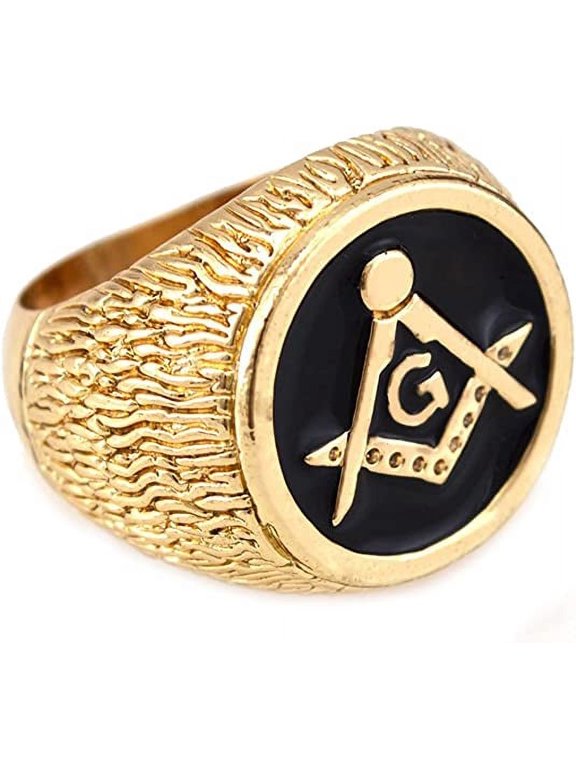 Hip-Hop Gold Tone Mason Masonic Black Enamel Men's Ring Size 9#2