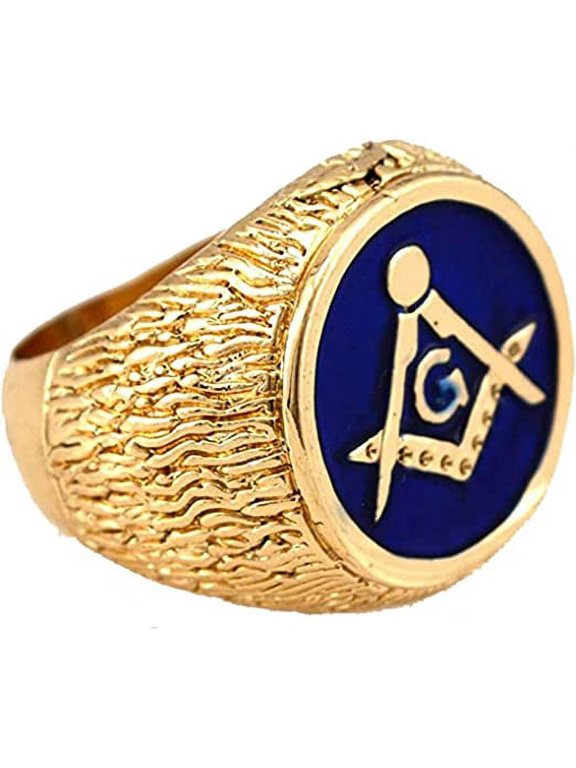 Hip-Hop Gold Tone Mason Masonic Blue Enamel Men's Ring Size 11#2