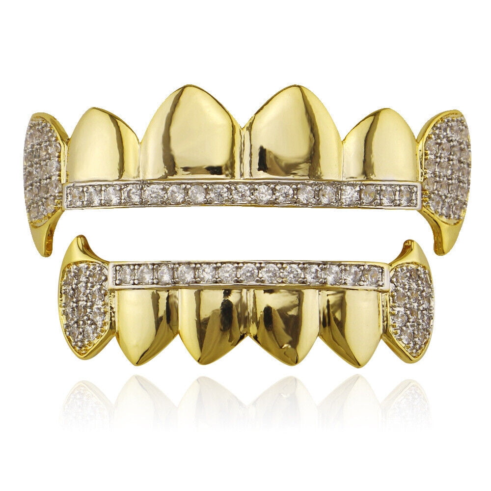 Hip Hop Grills Fangs Top Bottom Set 5A+ CZ 18K Gold Silver Plated Teeth