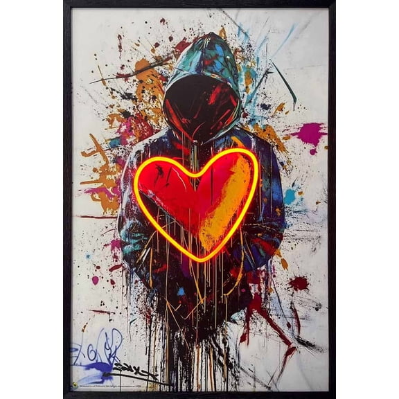 Hip Hop Heart Framed LED Neon Light Canvas Print - 24" x 36"