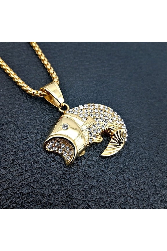 Hip Hop Ice Out Bling Rhinestones Fish Pendants Necklaces For Woman/Men 14K Yellow Gold Chain Hiphop Ocean Jewelry