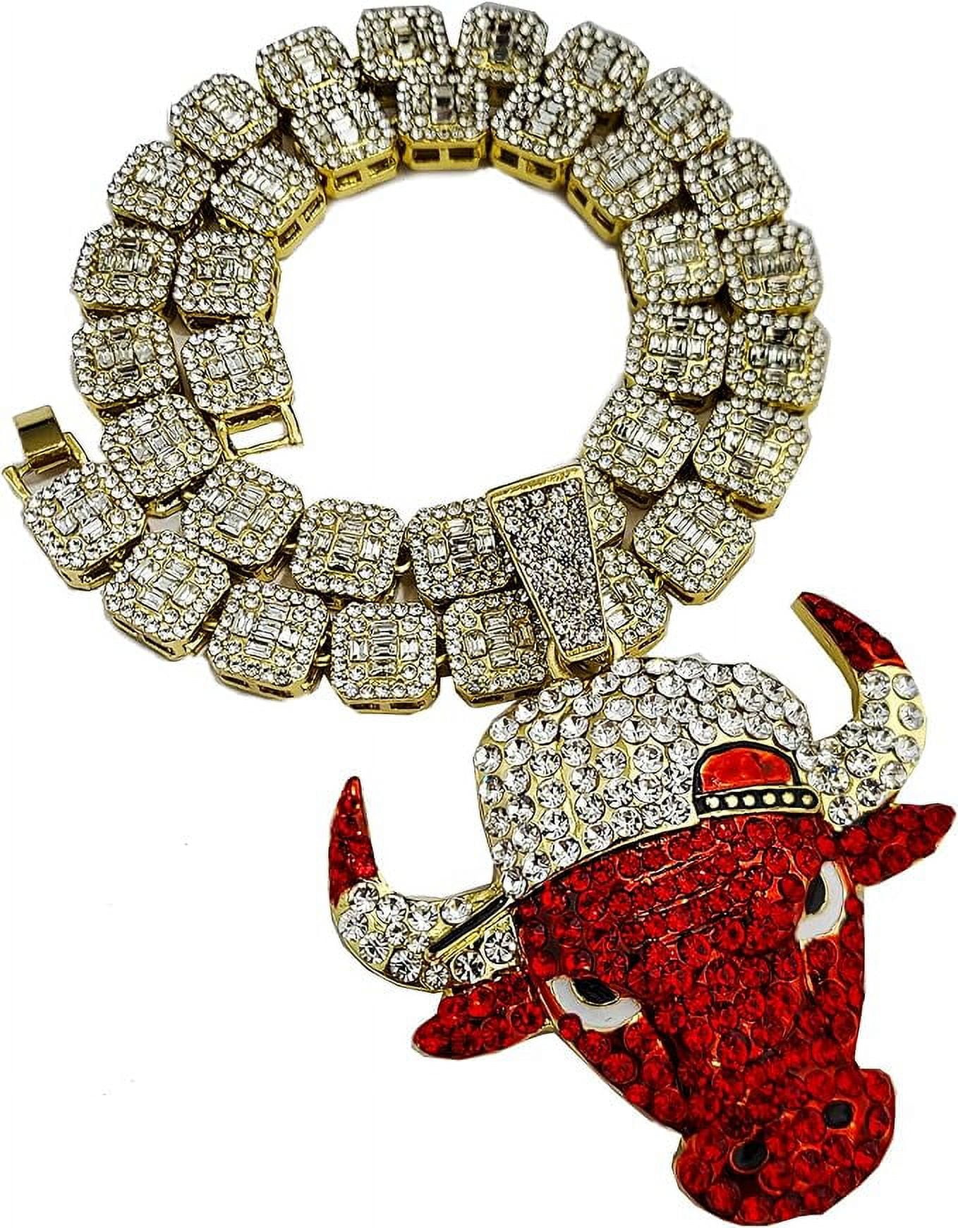 Hip Hop Iced 14K Gold Plated Cubic Zirconia Large Bull Pendant & 12mm 20" Baguette Stone Chain Jewelry Bling Fashion Necklace