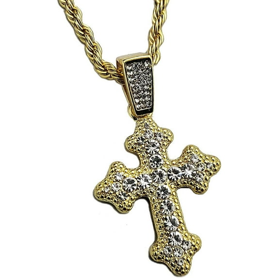 Hip Hop Iced 14K Gold Plated Cubic Zirconia Religious Holy Cross Pendant & 4mm 24" Rope Chain Jewelry Fashion Necklace Bling Gift