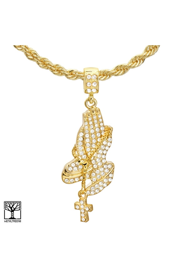 Hip Hop Iced 14K Gold Plated Pray Hand with Cross Pendant 22" Rope Chain Necklace HC 1176 G