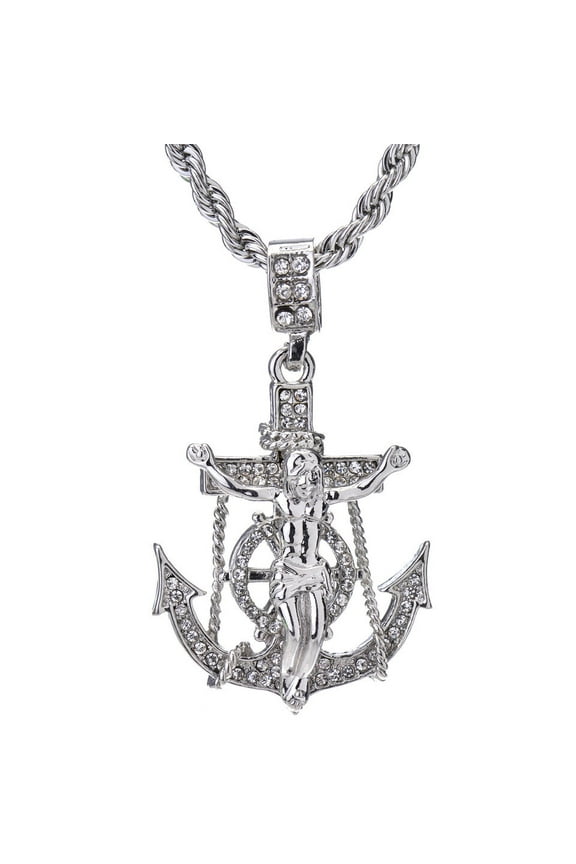 Hip Hop Iced 14K Silver Plated Anchor Jesus Cross Pendant 24" Rope Chain Necklace HC 1075 S