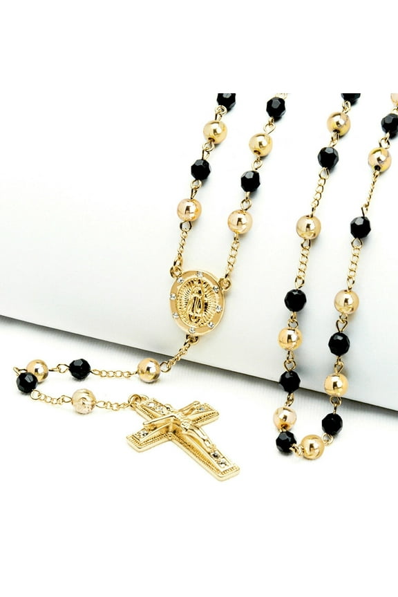 Hip Hop Iced 14k Gold Plated 6mm Bead Guadalupe & Jesus Cross 28" Rosary Necklace HR 600 GGBK