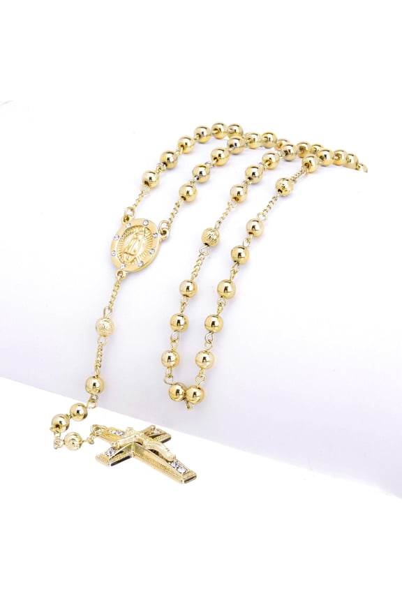 Hip Hop Iced 6mm Bead Rosary Gold Plated Guadalupe & Jesus Cross 28" Necklace HR 600 G