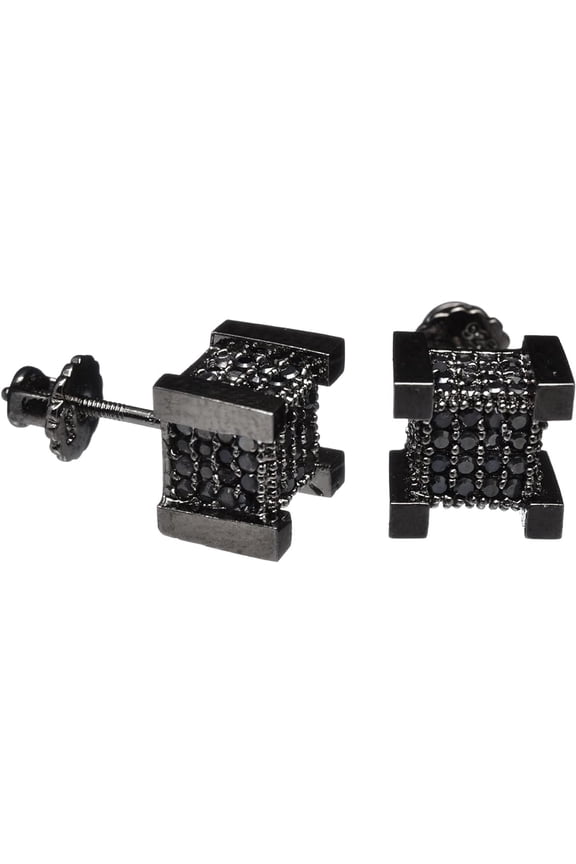 Hip Hop Iced Block 8 mm Cube Square Screw Back Stud Earrings 925 Black
