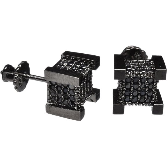Hip Hop Iced Block 8 mm Cube Square Screw Back Stud Earrings 925 Black