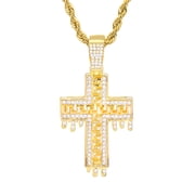 Hip Hop Iced Gold 14K Gold Plated Dripping Cross Pendant 24 Chain Necklace HC 1308 G