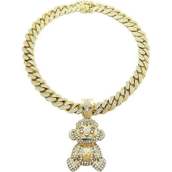 Hip Hop Iced Gold Plated Cubic Zirconia Rapper Style Jewelry Monkey Pendant & 13mm 20" Box Lock Miami Cuban Chain Necklace Perfect Gift