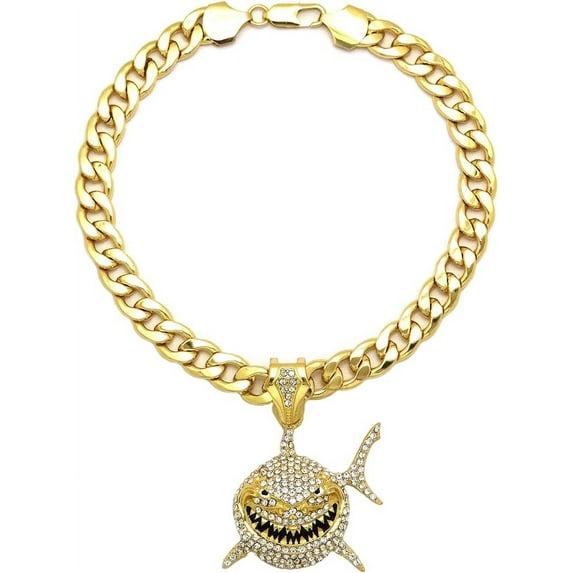 Hip Hop Iced Gold Plated Cubic Zirconia Shark Pendant & 11mm 20" Miami Cuban Chain Necklace Luxury Gift