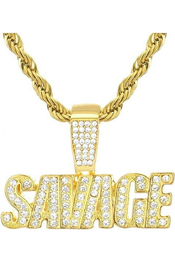 Hip Hop Iced Gold Plated GOAT Sign Words SAVAGE Pendant 20" Rope Chain HC 1195 G