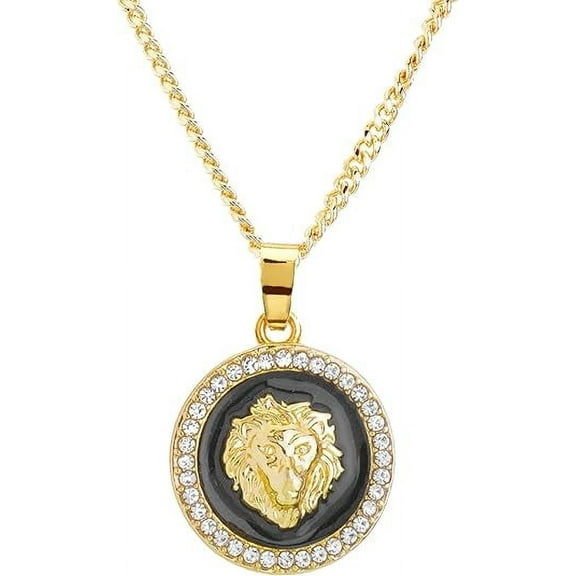 Hip Hop Iced Lion Head Mini Medallion Gold and Black Tone 14K Plated Pendant 20" Cuban Chain Necklace CP 282