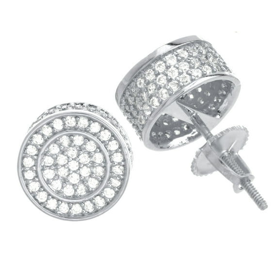 Hip Hop Iced Luxury Silver Tone Lab Diamond Micro Pave 3D Round Screw Back Stud Earrings BE 038 S