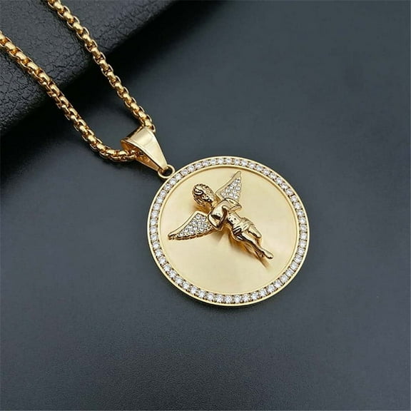 Hip Hop Iced Out Angel Wings Pendant Necklace For Women Men 14K Yellow Gold Round Necklace Bling Jewelry