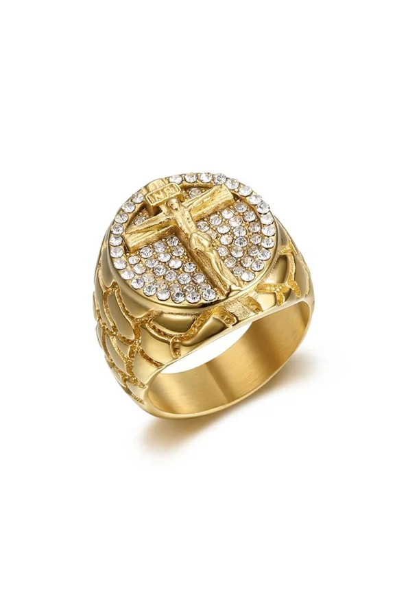 Hip Hop Iced Out Big Jesus Ring Male 14K Yellow Gold Christian Cross Rings For Men Religious Jewelry