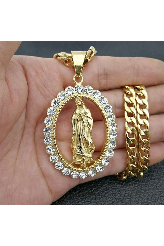Hip Hop Iced Out Big Virgin Mary Necklaces Pendants 14K Yellow Gold Chain For Women Christian Jewelry Madonna