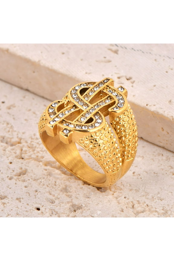 Hip Hop Iced Out Bling Big Dollar Signs Ring Male 14K Yellow Gold Money Rings For Men Party Jewelry Gift