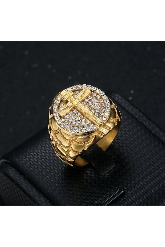 Hip Hop Iced Out Bling Big Jesus Cross Ring Male 14K Yellow Gold Christian Rings For Men Party Jewelry High Quality