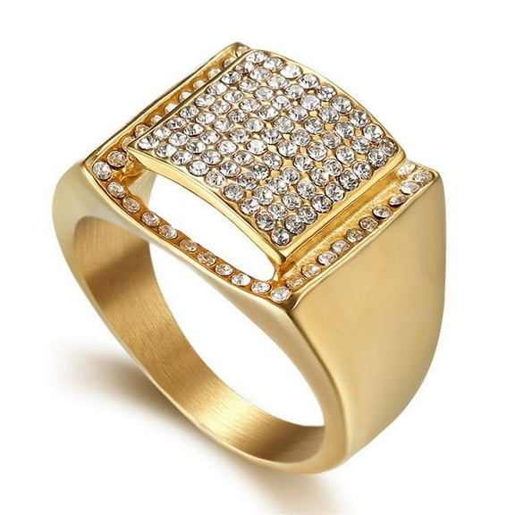 Hip Hop Iced Out Bling Big Ring Male 14K Yellow Gold Zirconia Square Rings for Men Fashion Hippie Party Jewelry Gift