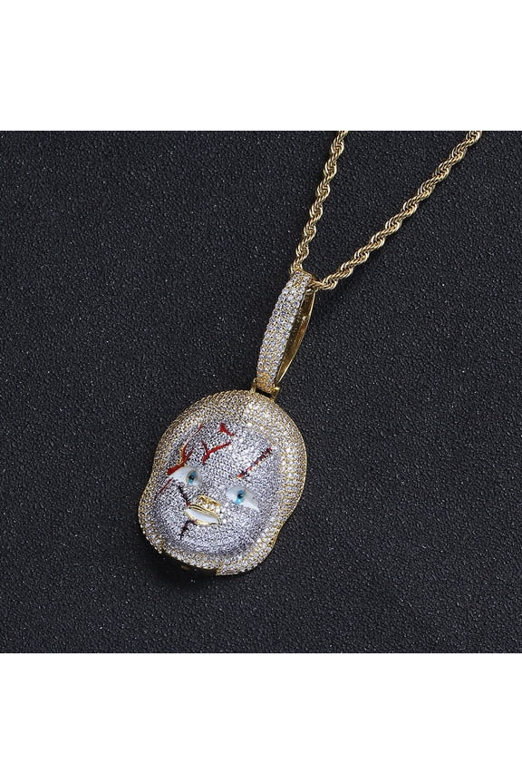 Hip Hop Iced Out Bling Chucky 14K Yellow Gold Necklace Halloween Cosplay AAA Cubic Zirconia Necklace for Men Women