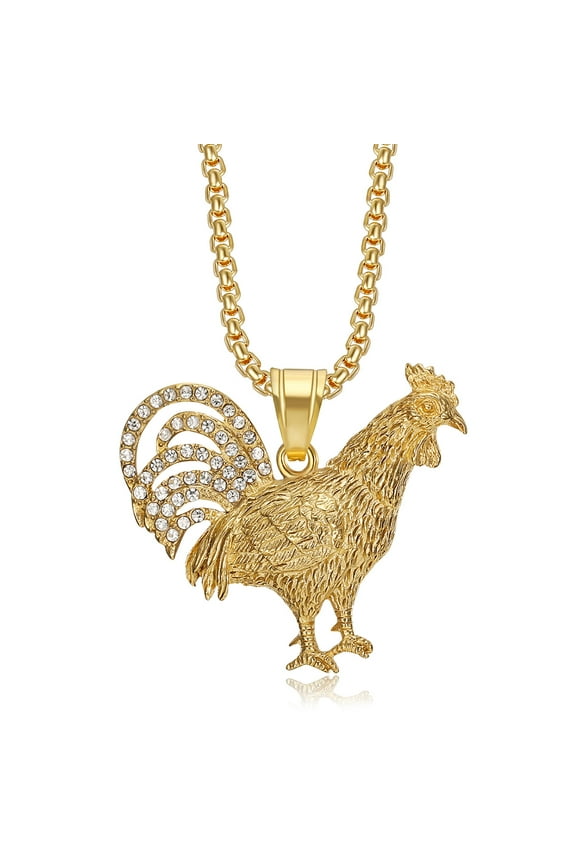 Hip Hop Iced Out Bling Gallic Rooster Animal Chicken Pendant Necklce For Men/Women 14K Yellow Gold French Jewelry