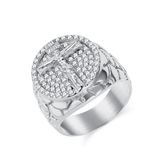 Hip Hop Iced Out Bling Jesus Cross Ring 14K White Gold Christian Crucifix Rings For Men Religious Jewelry Male Gift