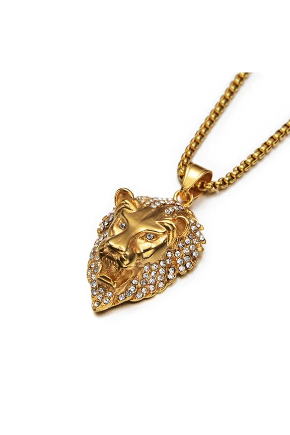Hip Hop Iced Out Bling Lion Head Pendant Male Golden Color 14K White Gold Animal King Necklace For Men Cool Fashion Jewelry Gift