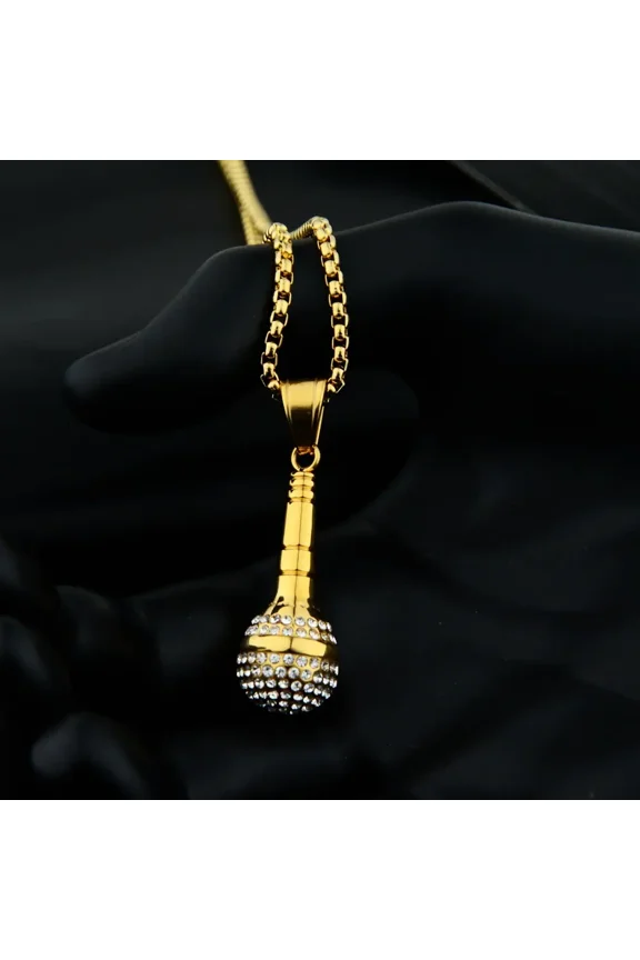 Hip Hop Iced Out Bling Microphone Pendants Necklace For Women/Men 14K Yellow Gold Chain Hiphop Rapper Music Jewelry