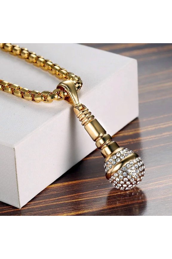 Hip Hop Iced Out Bling Microphone Pendants Necklace For Women/Men 14K Yellow Gold Chain Hiphop Rapper Music Jewelry