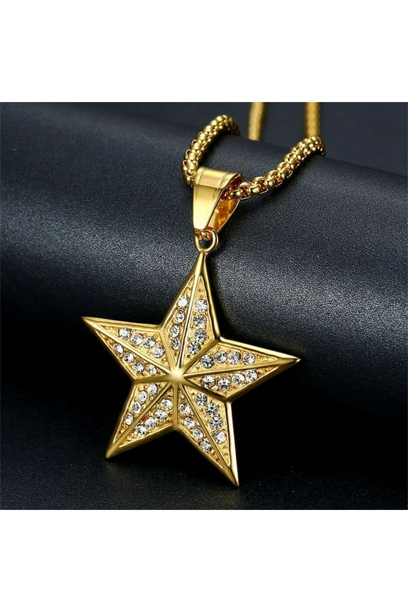 Hip Hop Iced Out Bling Star Pendant 14K Yellow Gold Five-Pointed Star Necklace for Women Men Fashion Jewelry Gift W562