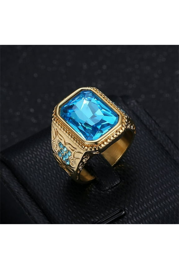 Hip Hop Iced Out Blue Square Ring Male 14K Yellow Gold Big Rapper Rings For Men Fashion Party Jewelry Gift