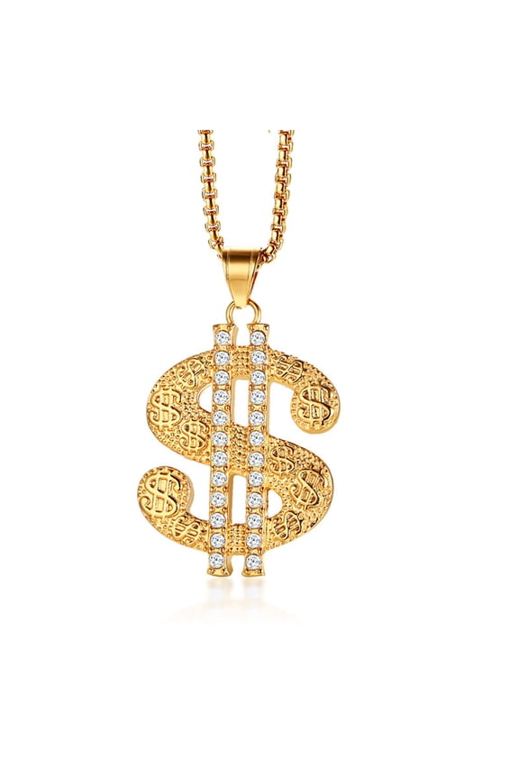 Hip Hop Iced Out CZ Dollar Sign Pendant 14K Yellow Gold Rapper Money Necklace For Men Fashion Jewelry Male Gift New
