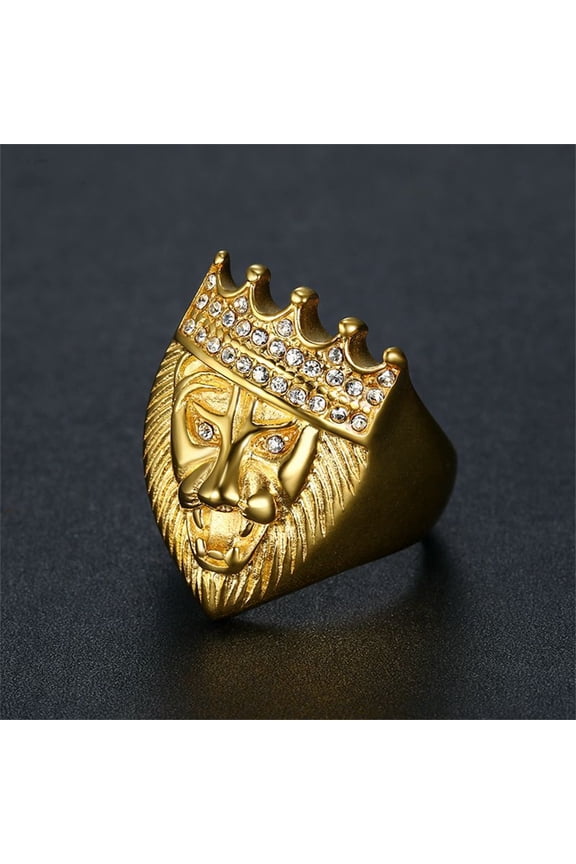 Hip Hop Iced Out Crown Lion Ring Male 14K Yellow Gold Big Rapper Rings For Men Fashion Party Jewelry Gift New