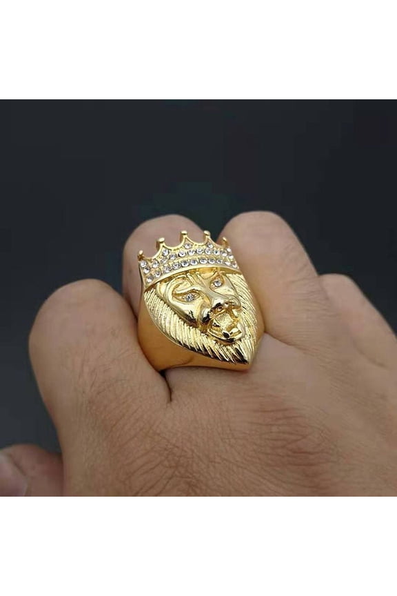 Hip Hop Iced Out Crown Lion Ring Male 14K Yellow Gold Big Rapper Rings For Men Fashion Party Jewelry Gift