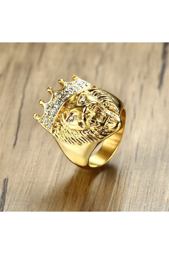 Hip Hop Iced Out Crown Lion Ring Male 14K Yellow Gold Big Rapper Rings For Men Fashion Party Jewelry Gift