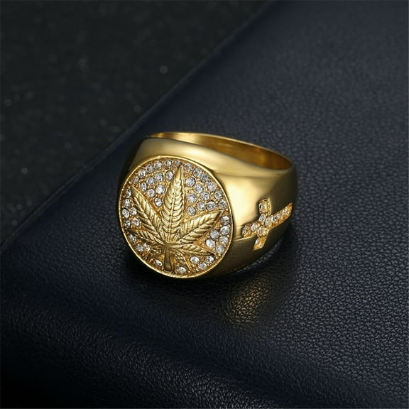 Hip Hop Iced Out Hemp Leaf Ring 14K Yellow Gold Cool Rings For Men Hippie Jewelry Gift