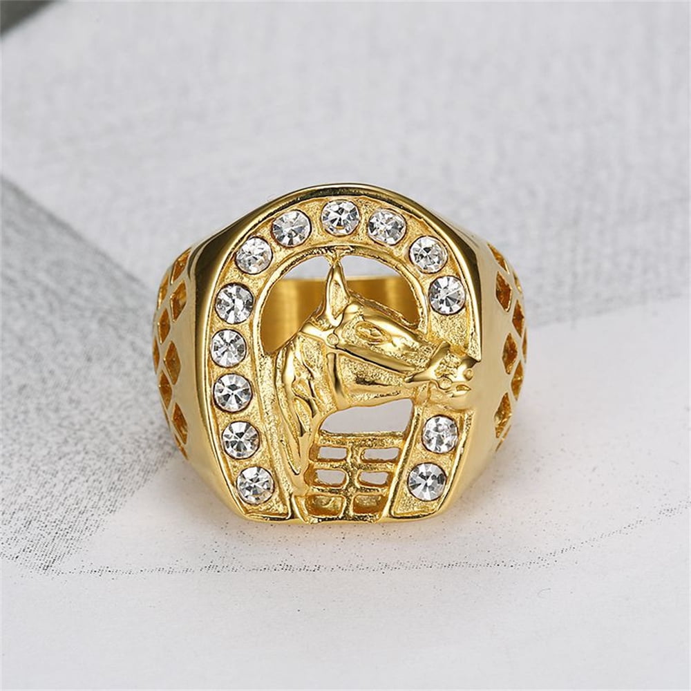 Hip Hop Iced Out Horse Head Ring Male 14K Yellow Gold Big Animal Rings ...