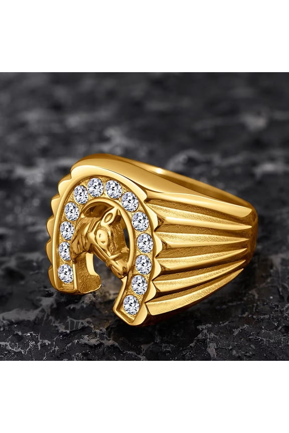 Hip Hop Iced Out Horse Head Ring Male 14K Yellow Gold Big Animal Rings For Men Fashion Party Jewelry Gift