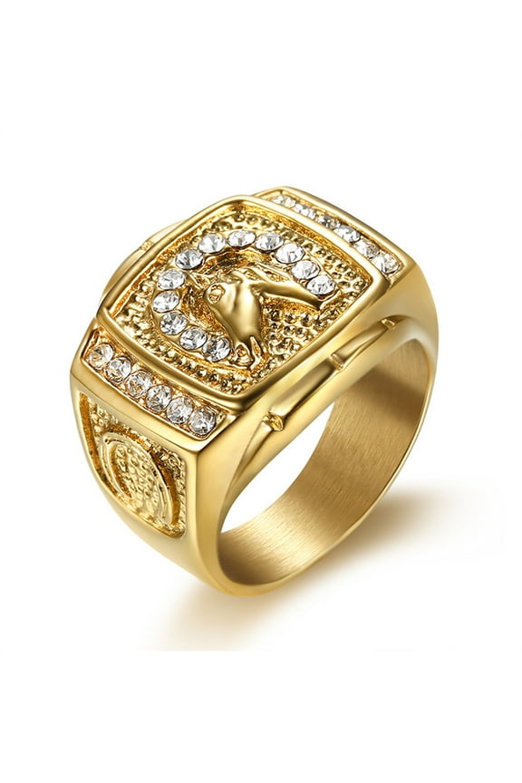 Hip Hop Iced Out Horse Head Ring Male 14K Yellow Gold Big Rapper Rings For Men Fashion Party Jewelry Gift