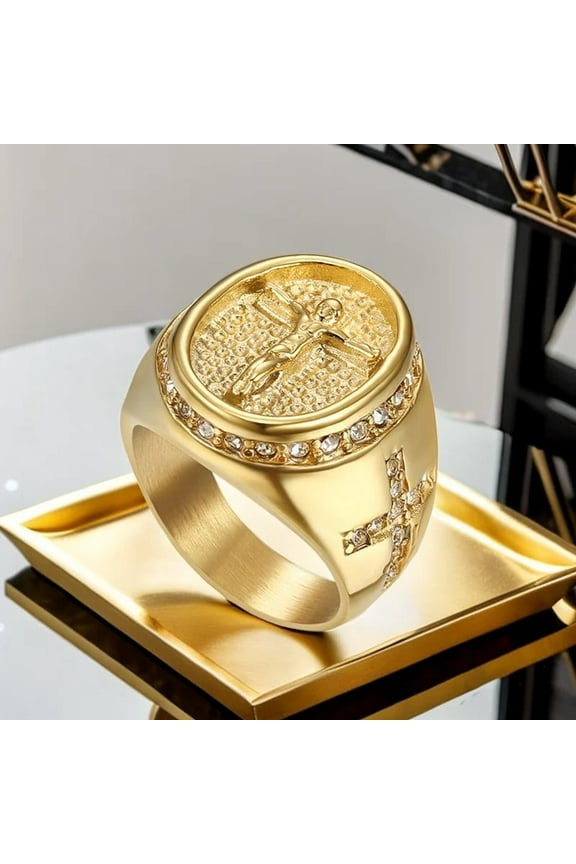 Hip Hop Iced Out Jesus Cross Ring Male 14K Yellow Gold Cubic Zirconia Christian Rings For Men Religious Jewelry Gift