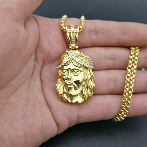 Hip Hop Iced Out Jesus Head Pendant Golden Color Christian Cross 14K Yellow Gold Necklace For Men Women Religious Jewelry Gifts