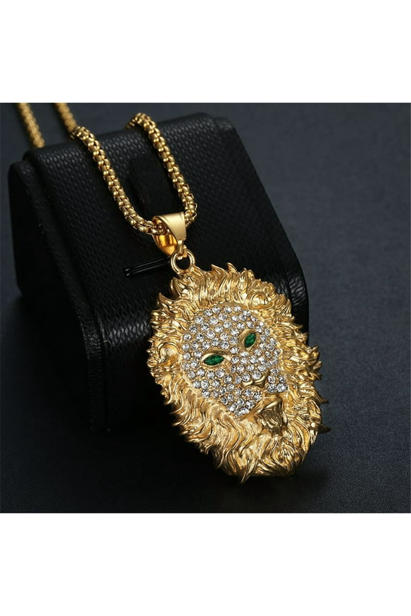 Hip Hop Iced Out Lion Head Pendant Necklace 14K Yellow Gold Chains For Men Animal Jewelry