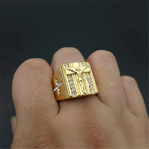 Hip Hop Iced Out Religious Jesus Cross Ring Golden Color 14K Yellow Gold Christian Rings For Women & Men Anel Masculino