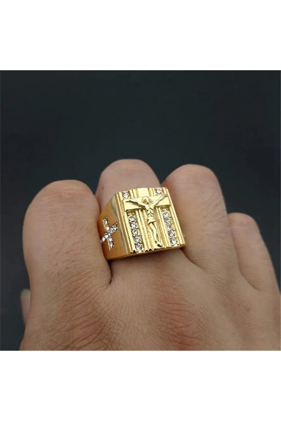 Hip Hop Iced Out Religious Jesus Cross Ring Golden Color 14K Yellow Gold Christian Rings For Women & Men Anel Masculino