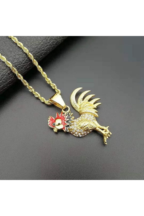 Hip Hop Iced Out Rooster Pendant 14K Yellow Gold Animal Necklace For Men Women Punk Fashion Jewelry Gift