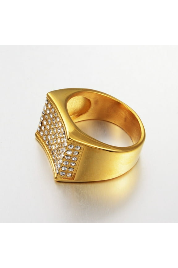 Hip Hop Iced Out Square Rings Male 14K Yellow Gold Cubic Zirconia Bling Large Big Rings For Men Party Jewelry Gift